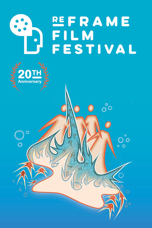 The image features the logo and announcement for the ReFrame Film Festival, celebrating its 20th year. On the left, an abstract, colorful illustration suggestive of movement and festivity, with shapes that could be interpreted as people or dancers. On the right, bold, clear text reads 'ReFrame Film Festival', with a minimalistic film projector icon above. Below, the dates 'Jan 25 – Feb 4, 2024' are indicated, celebrating the festival's anniversary.