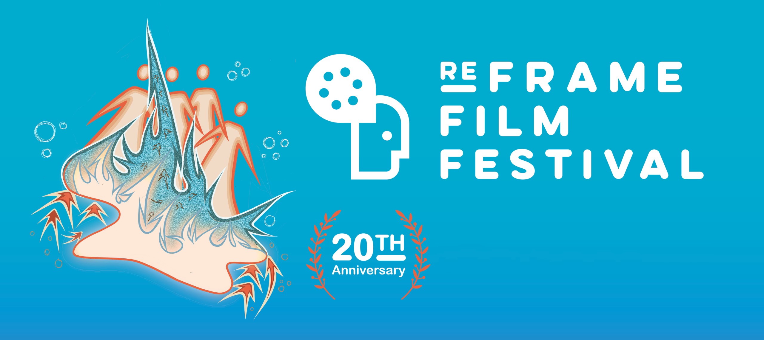 The image is a hero banner for the ReFrame Film Festival, celebrating its 20th anniversary. The event is scheduled from January 25 to February 4, 2024. The banner has a bright blue background with abstract illustrations suggesting film and creativity, such as a reel, blended with natural elements like mountains or trees, which appear to be subtly animated with small bubbles and plants. The festival's logo is prominently displayed alongside the dates, and the design conveys a sense of artistic flair and cinematic wonder. Laurels adorn the words, "20th Anniversary".