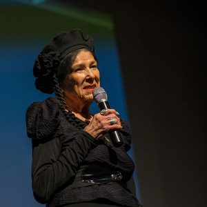 Alanis Obomsawin speaks on stage during post-film Q&A