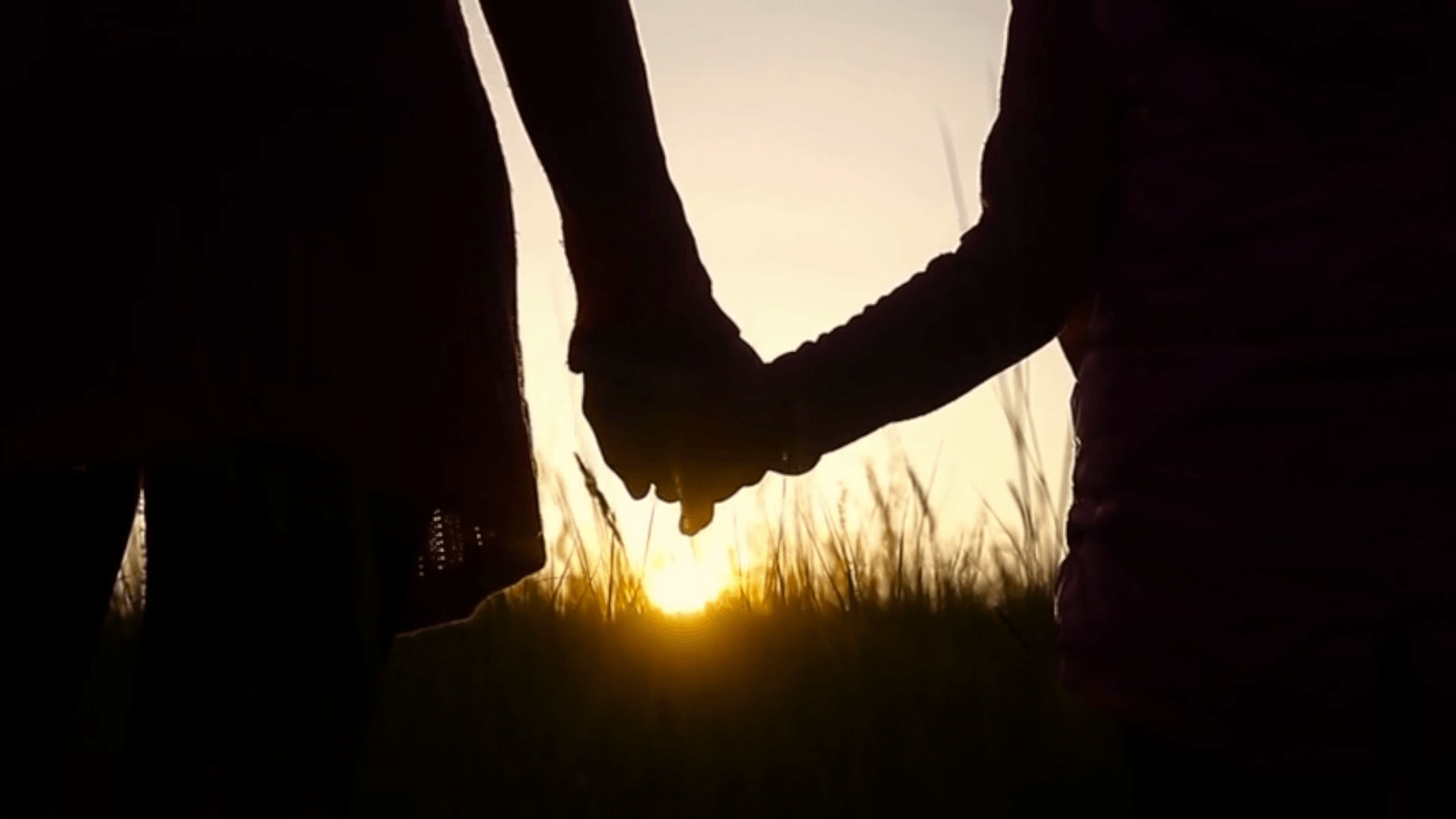Two individuals are holding hands against a sunset backdrop with a field of tall grasses. The sun is low on the horizon, silhouetting the figures and creating a warm glow that outlines their joined hands. The image captures a moment of connection or partnership in a serene, natural setting.