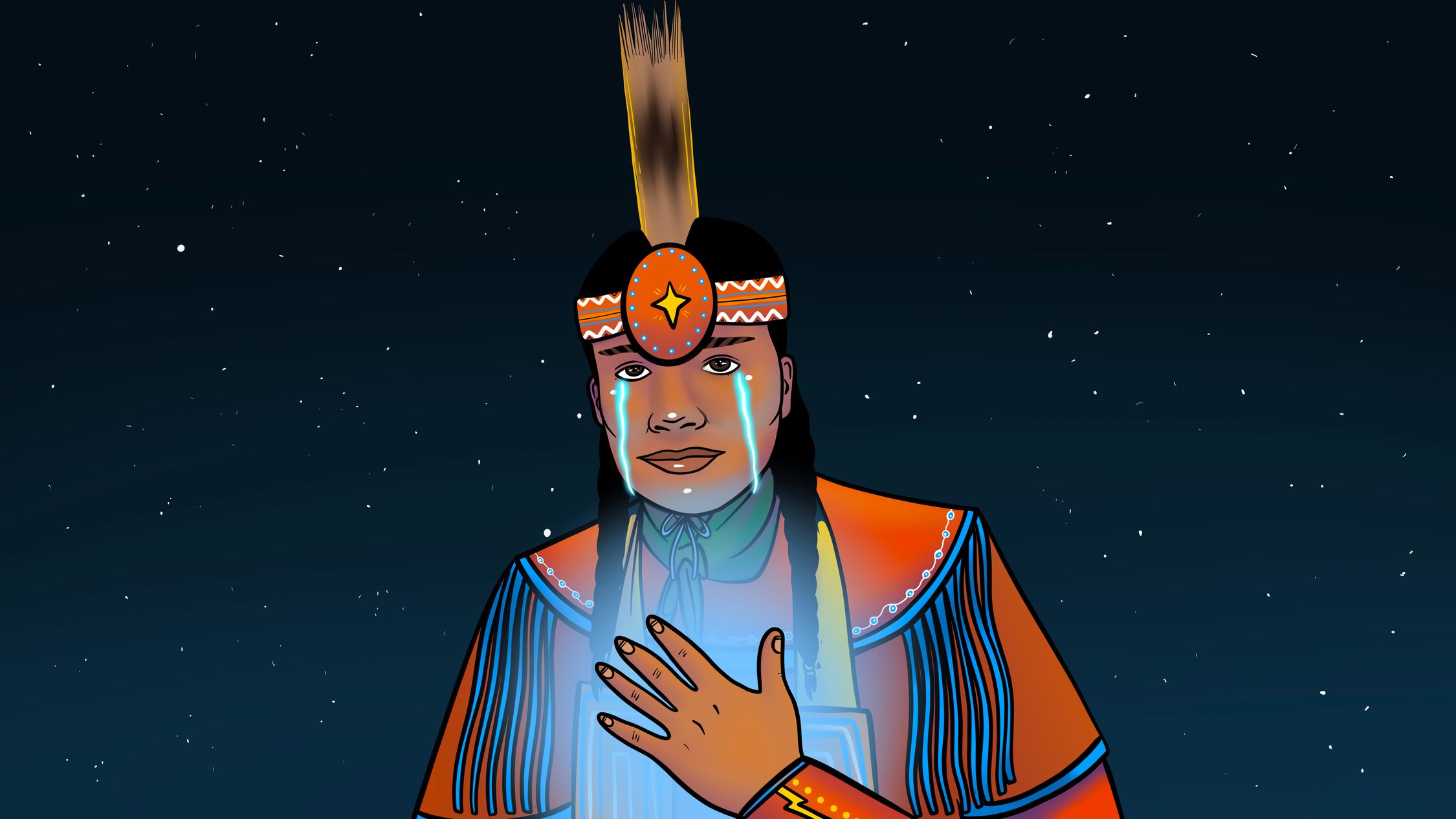 The image depicts an illustrated character wearing a traditional Anishinaabe headdress with a single feather extending upwards. The character has a solemn expression and has bright blue tears streaming down their face. Their left hand is placed over their chest, which is also glowing in blue light. They are set against a starry night sky, adding a serene or contemplative mood to the image. The character’s attire includes decorative elements and vibrant colours, suggesting a cultural or ceremonial significance.