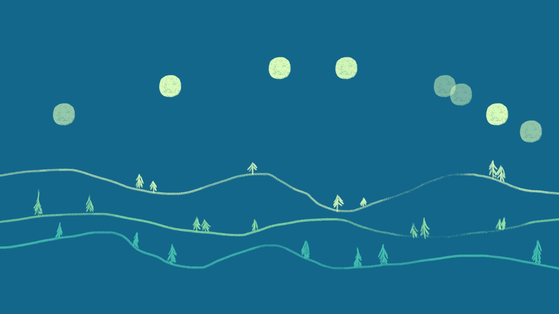 A minimalist artistic illustration depicting a series of wavy, horizontal lines against a dark blue background, representing hills. Scattered across the hills are simple, triangular shapes that suggest trees. Above this tranquil scene, there are multiple round shapes with a textured appearance, representing moons or celestial bodies. The use of light greenish-yellow for these elements creates a striking contrast with the dark background, giving the impression of a night scene. The composition is serene, with a whimsical or dreamlike quality.