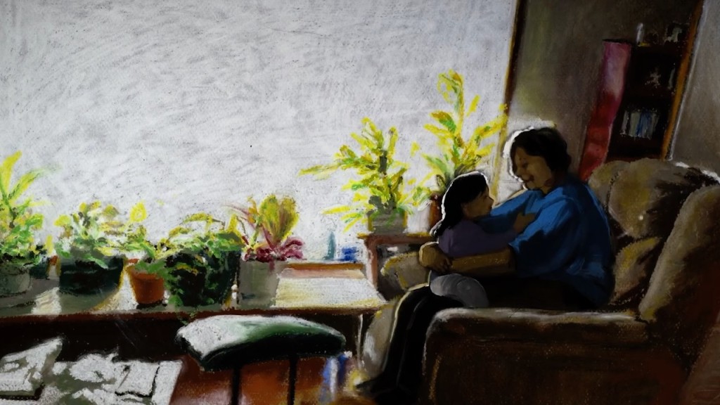 A still image from the film Grape Soda in the Parking Lot, a painted image of a child sitting on their grandmothers lap in a living room chair with a large window and house plants. Click to follow a link to the film.