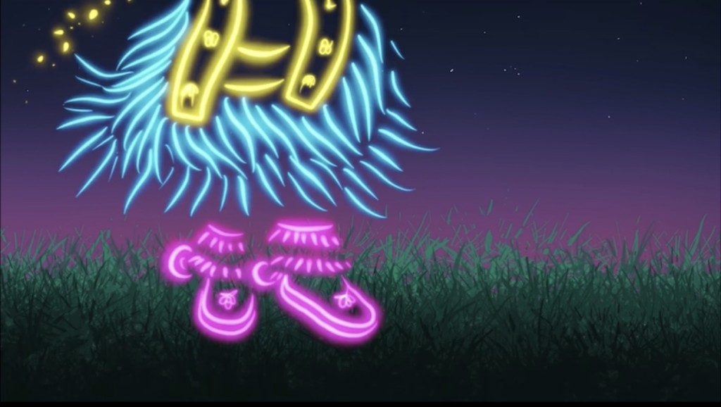 Still from the film Heart Like  a Pow Wow, on a background of grass and purple, the lower half of a man in regalia dancing is sketched in neon colours. Click to follow a link to the film. 