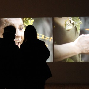 Two people, seen in silhouette from behind, are watching a video projection on a wall. The projection shows two separate scenes: on the left, a close-up of a person with elven-like features, including pointed ears and a leafy headpiece, smiling expressively. On the right, a close-up of the hands of the person wearing the leafy costume holding what appears to be a branch or plant with bright red leaves. The viewers stand close together, facing the vibrant images, with the dark room highlighting the projection.