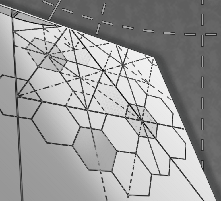 A grayscale abstract illustration featuring a geometric, interconnected pattern composed of hexagons, triangles, and various overlapping lines. The hexagons are arranged in a honeycomb structure on the lower left, some with shading that gives a subtle 3D effect. In the center, a complex pattern of triangles and dashed lines creates star-like shapes, intersecting at various angles. A darker, textured area runs diagonally across the top, marked by white dashed lines resembling road markings. The overall effect is a blend of architectural and mathematical design elements.