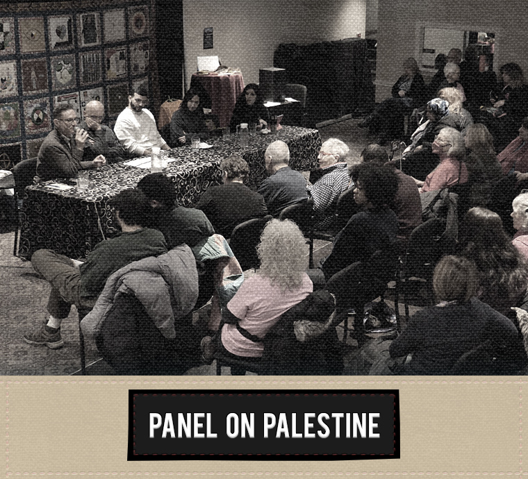 A photograph from the ReFrame panel entitled 'Human Rights, Solidarity, and Resistance (from Turtle Island to Palestine)' which occurred Saturday January 25 2025. Text at the bottom of the image read: 'Panel Video: Human Rights, Solidarity, and Resistance (from Turtle Island to Palestine)