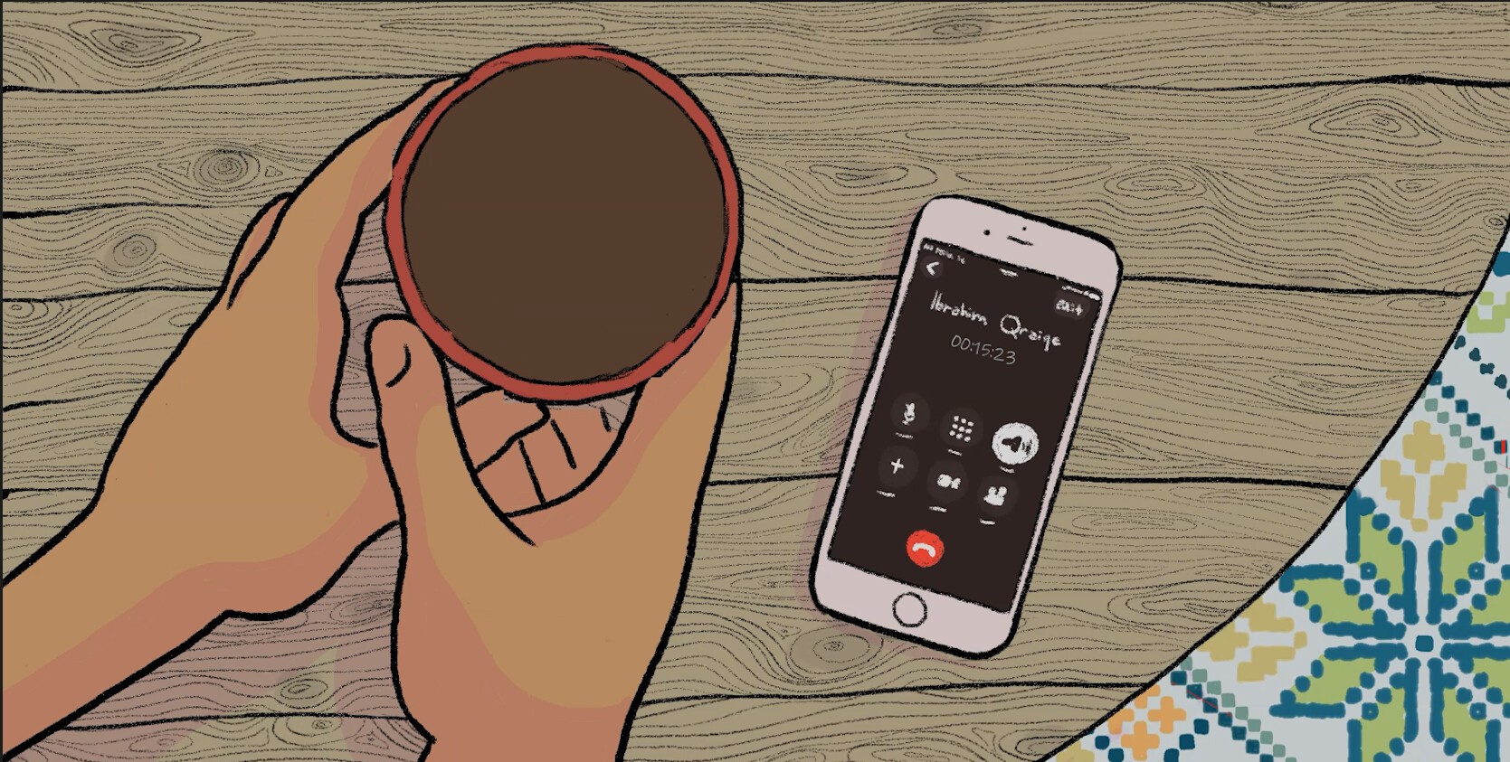 A still from the film Zanana. An animated image of hands around a cup of brown liquid and a cell phone, on speaker phone, on a round wooden table. Looking down, a brightly tiled floor is visible in the bottom right corner of the image.
