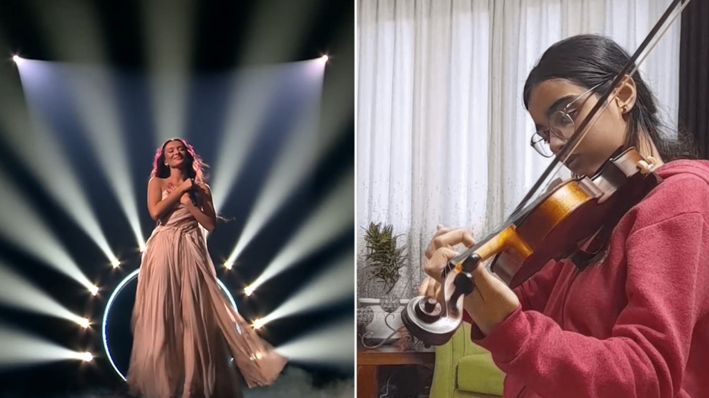 A split image. On the left a woman on a stage signing in a gown. On the right, a young person plays the violin in a living room.