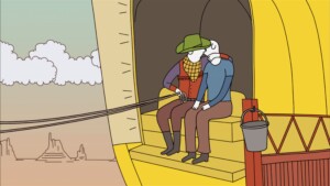 Animated still from I Like Girls, featuring two anthropomorphic women embracing on the back of a covered wagon.