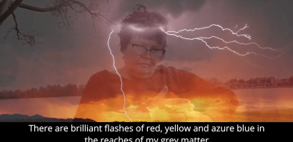 The image is a composite with a layered visual effect. In the foreground, there is a semi-transparent overlay of a person's head and upper torso. The person has short hair, wears glasses, and is looking slightly to the right. The background is a dramatic scene with a fiery explosion near the bottom and lightning in the upper right corner against a dark, stormy sky. Overlaid text at the bottom of the image reads: "There are brilliant flashes of red, yellow and azure blue in the reaches of my grey matter." The overall effect is surreal, suggesting a dynamic and possibly tumultuous inner state.