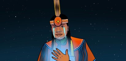 The image depicts an illustrated character wearing a traditional Anishinaabe headdress with a single feather extending upwards. The character has a solemn expression and has bright blue tears streaming down their face. Their left hand is placed over their chest, which is also glowing in blue light. They are set against a starry night sky, adding a serene or contemplative mood to the image. The character’s attire includes decorative elements and vibrant colours, suggesting a cultural or ceremonial significance.