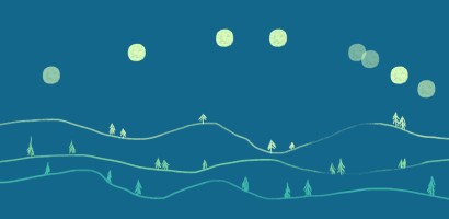 A minimalist artistic illustration depicting a series of wavy, horizontal lines against a dark blue background, representing hills. Scattered across the hills are simple, triangular shapes that suggest trees. Above this tranquil scene, there are multiple round shapes with a textured appearance, representing moons or celestial bodies. The use of light greenish-yellow for these elements creates a striking contrast with the dark background, giving the impression of a night scene. The composition is serene, with a whimsical or dreamlike quality.